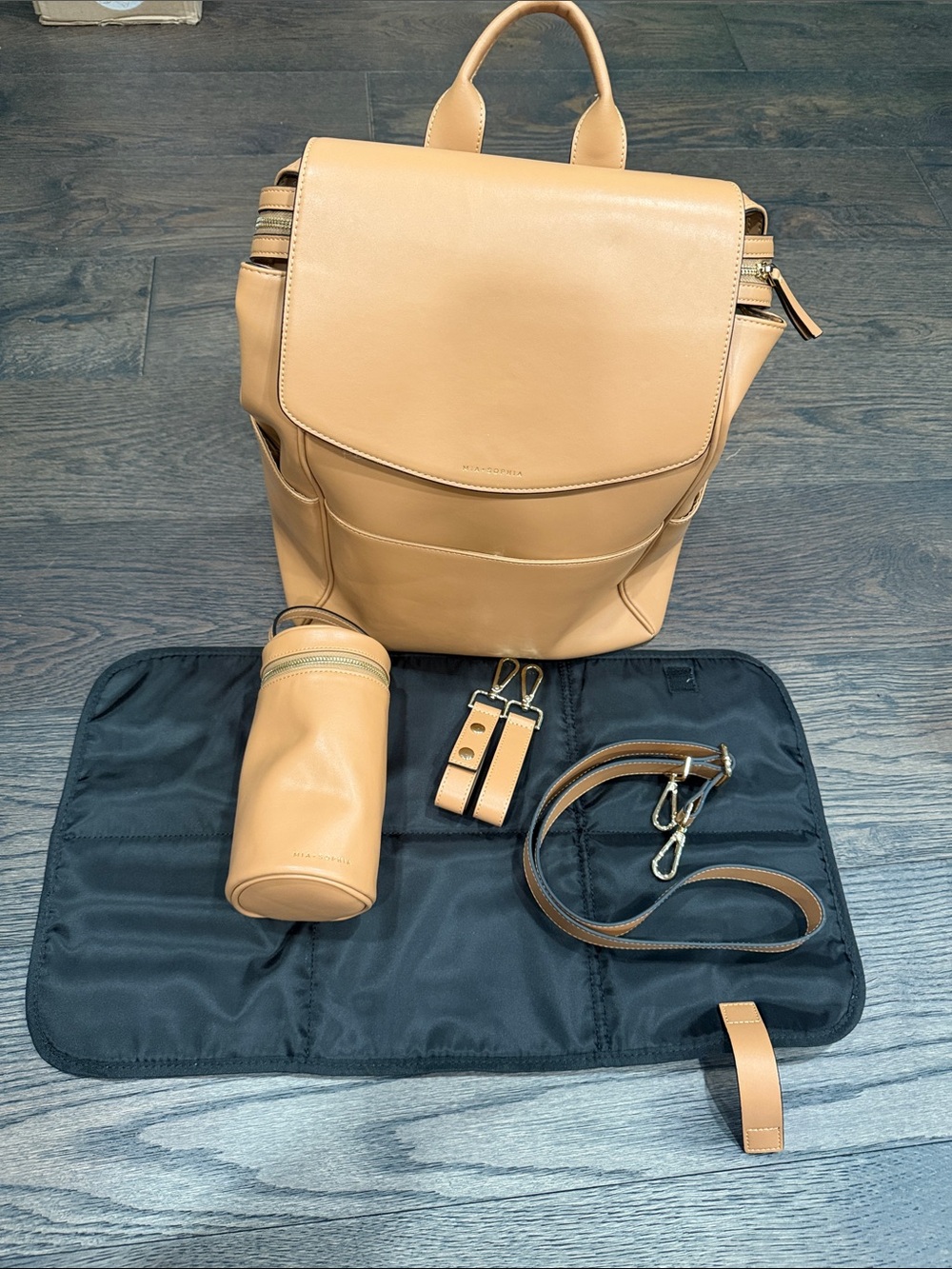 MIA + SOPHIA Tan Microfiber Leather Diaper Backpack w/ USB, Insulated Pockets